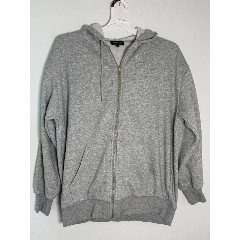 Forever 21 Gray Zip Up Hoodie Rhinestone Star Graphic Sweatshirt Y2K Medium